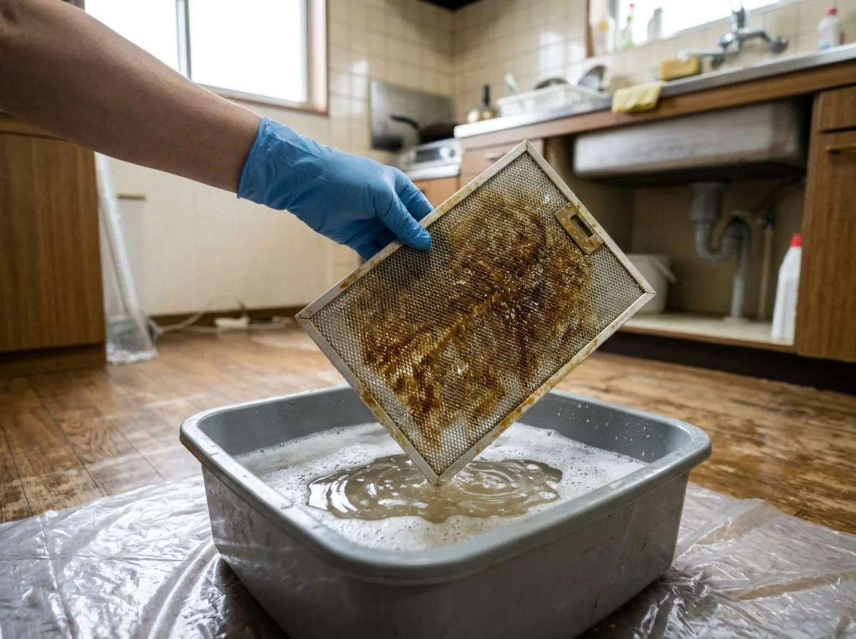 油で茶色く汚れたレンジフードのフィルターを、手袋をした手で持ち、ぬるま湯の入ったケースにつけようとしている様子