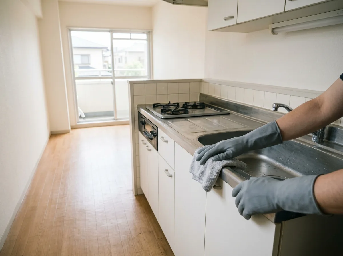 荷物を運び出した空き部屋のキッチンで、手袋をした手がシンクの縁を拭いている様子